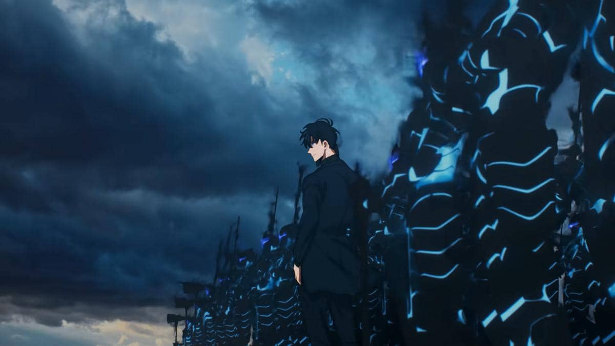 Karakter anime berambut hitam berdiri di depan barisan prajurit berzirah hitam bercahaya biru di bawah langit gelap mendung.