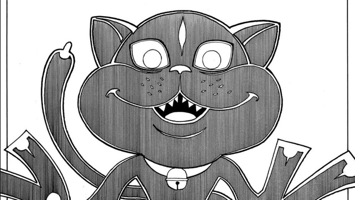 Ilustrasi karakter kucing hitam bergaya manga dengan ekspresi senyum lebar, mata bulat besar, dan gigi tajam.