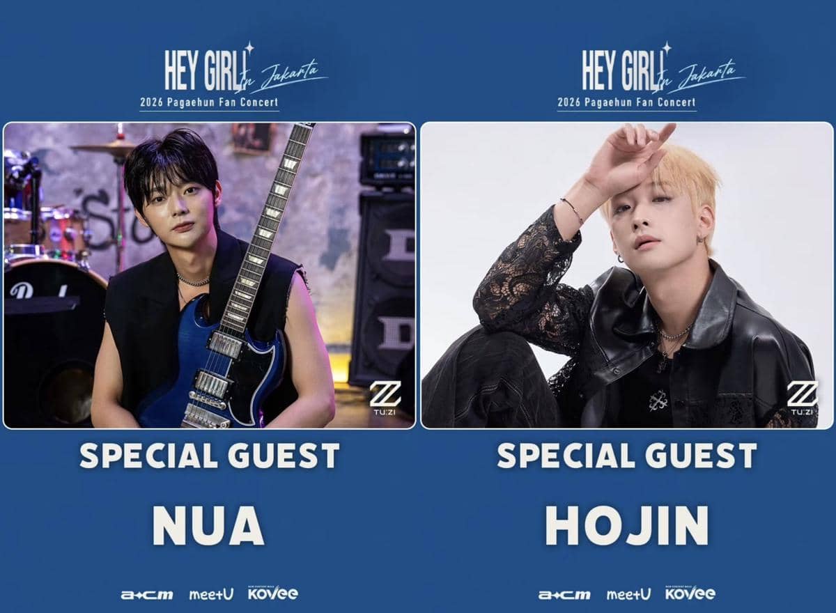 Poster menampilkan NUA memegang gitar listrik dan HOJIN berpose, keduanya sebagai tamu spesial konser Hey Girl in Jakarta 2026.