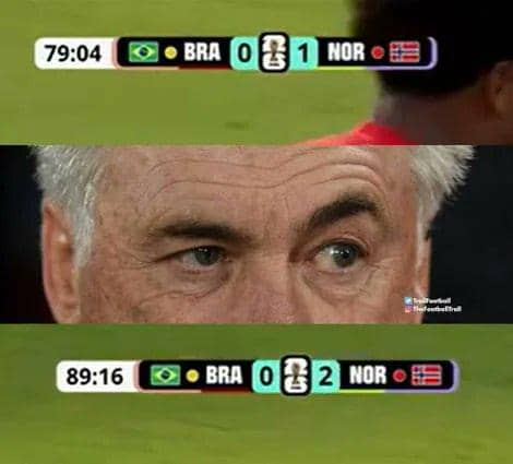 Meme pertandingan sepak bola menunjukkan Brasil kalah 0-2 dari Norwegia dengan ekspresi wajah pelatih yang terkejut di tengah gambar.
