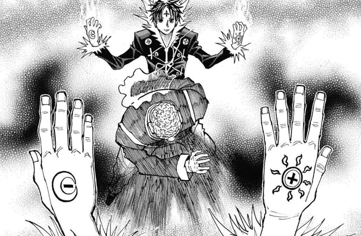 Chrollo Lucilfer menggunakan kemampuan Sun and Moon dengan simbol matahari dan bulan di tangannya dalam adegan manga Hunter x Hunter.
