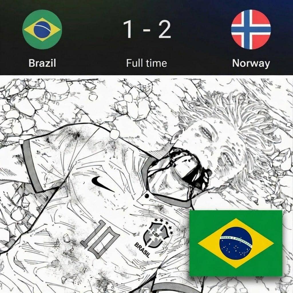 Ilustrasi bergaya manga memperlihatkan pemain dengan seragam tim nasional Brasil terbaring di tanah, disertai skor Brasil 1-2 Norwegia.