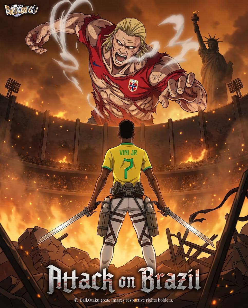 Ilustrasi bergaya anime menampilkan pemain Brasil berhadapan dengan raksasa mengenakan jersey Norwegia di stadion yang terbakar.