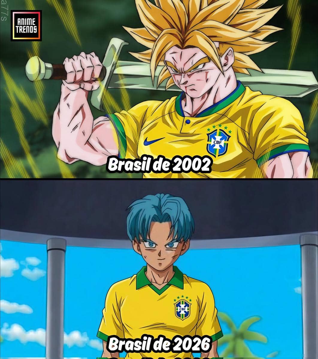 Dua karakter anime mengenakan jersey tim nasional Brasil, satu berambut pirang dengan pedang dan satu berambut biru, dengan teks Brasil 2002 dan Brasil 2026.