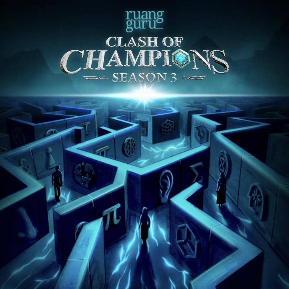 Poster Clash of Champions Season 3 dari Ruangguru menampilkan labirin bercahaya dengan simbol matematika dan beberapa orang berjalan di dalamnya.