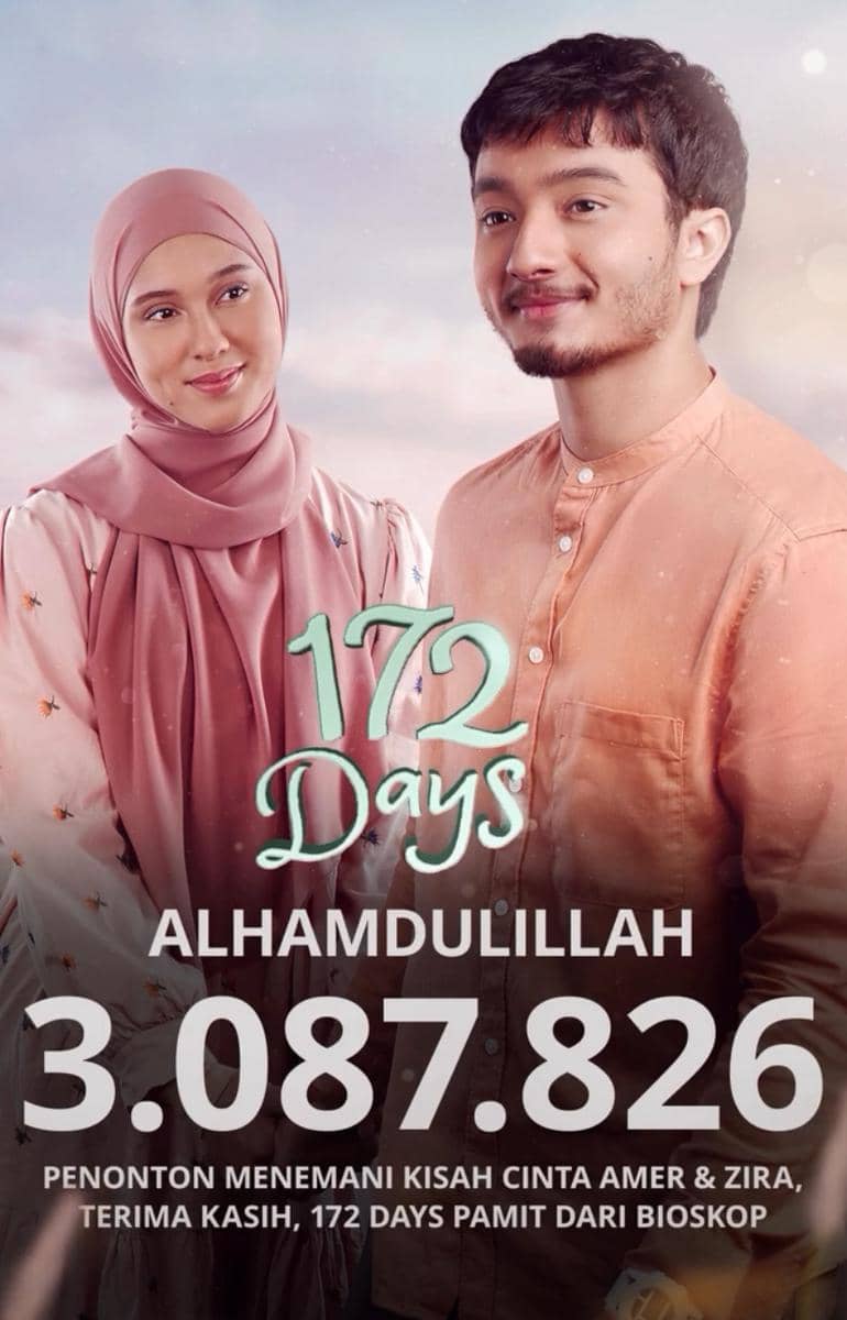 Poster film 172 Days menampilkan dua pemeran utama tersenyum dengan latar langit lembut dan tulisan jumlah penonton 3.087.826.