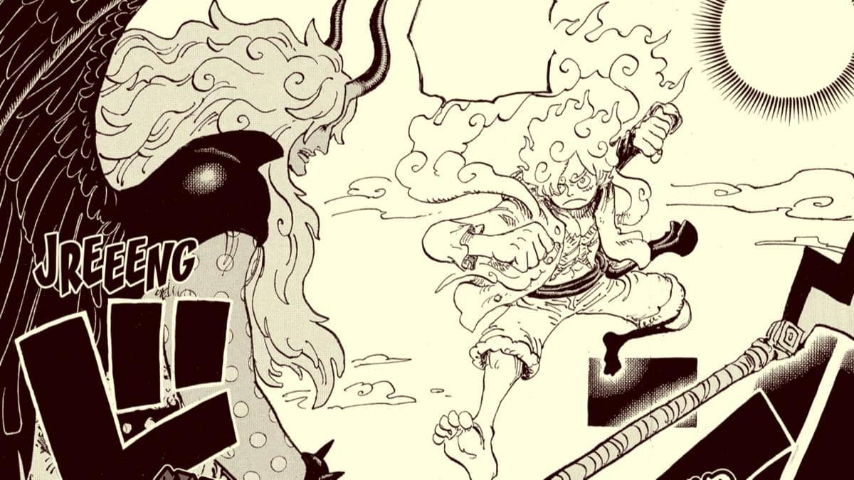 Pertarungan antara Nerona Imu dan Luffy dalam wujud Gear 5 dari manga One Piece dengan latar langit terang dan efek energi.