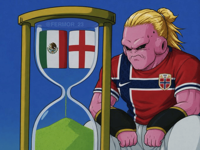 Karakter anime berkulit merah muda mengenakan jersey tim nasional Norwegia duduk di samping jam pasir dengan bendera Meksiko dan Inggris.