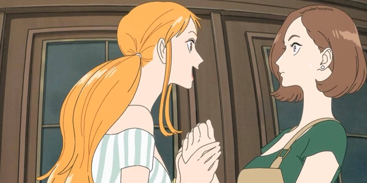 Dua karakter anime perempuan berbicara dengan ekspresif di dalam ruangan kayu, salah satunya berambut oranye panjang dan mengenakan pakaian bergaris.
