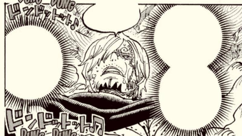 Sanji dari One Piece tampak terluka dan menatap ke atas dengan ekspresi serius dalam panel manga hitam putih.