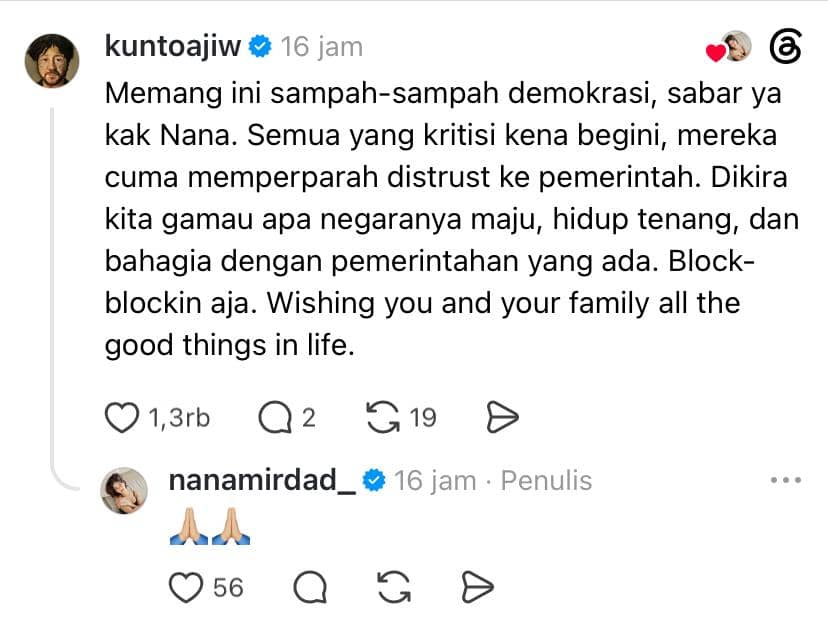 Tangkapan layar unggahan di Threads memperlihatkan komentar akun kuntoajiw menanggapi nanamirdad_ tentang kritik terhadap pemerintah.