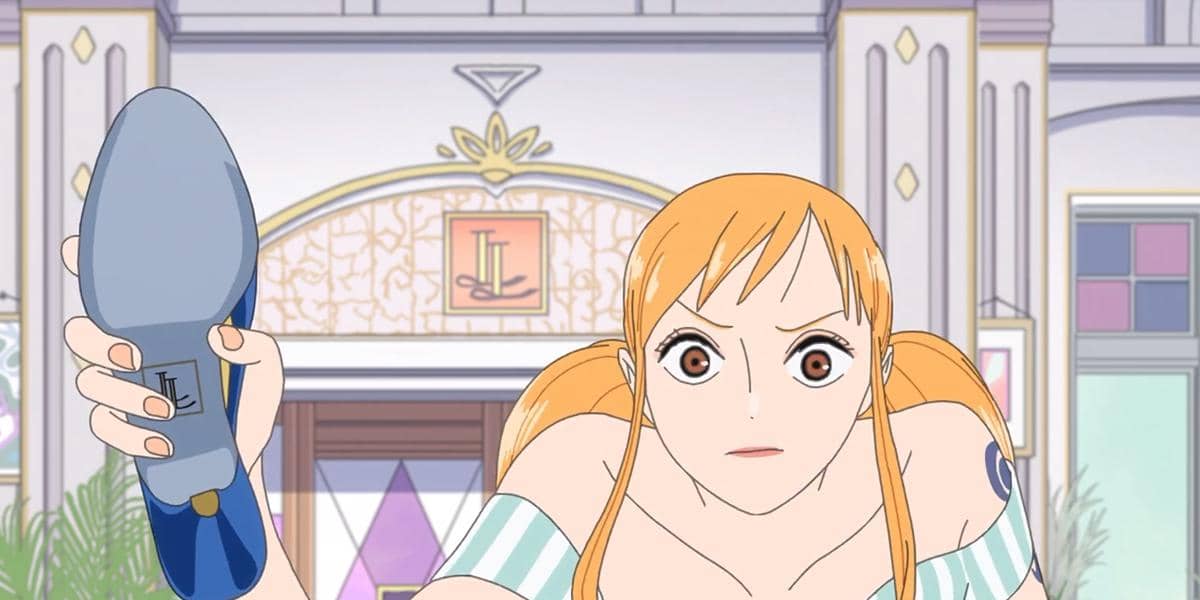 Nami berambut oranye memegang sepatu biru dengan ekspresi marah di dalam ruangan bergaya elegan dalam adegan anime One Piece: Heroines.