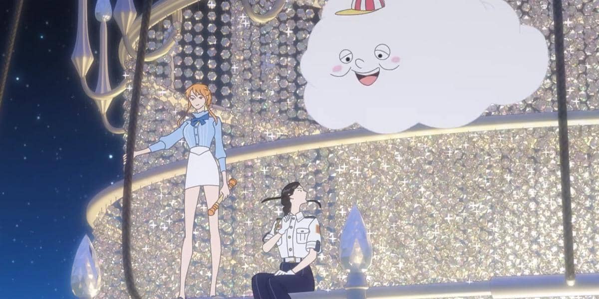Dua karakter anime berdiri di atas panggung berkilauan dengan latar penuh permata dan awan putih tersenyum di atas mereka.