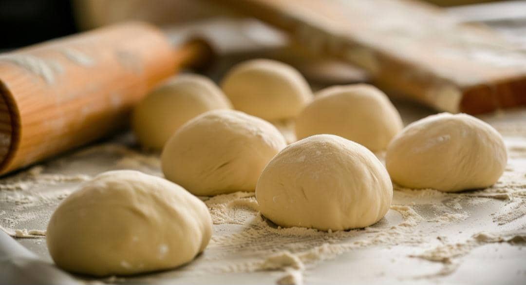 Beberapa bulatan adonan roti diletakkan di atas meja bertabur tepung dengan rolling pin kayu di latar belakang.