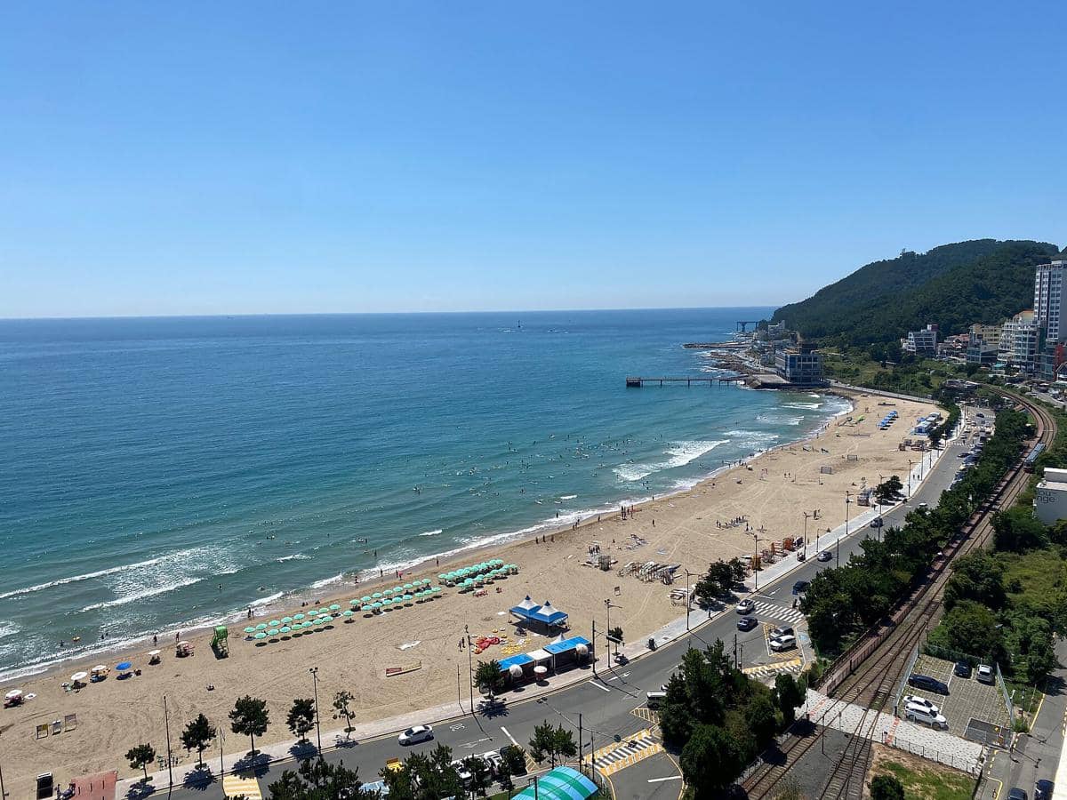 Pemandangan Pantai Songjeong dengan pasir keemasan, laut biru jernih, deretan payung pantai, dan jalan raya di tepi pantai.