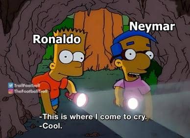 Meme animasi menampilkan dua karakter kartun dengan nama Ronaldo dan Neymar membawa senter di dalam gua dengan teks lucu di bawahnya.