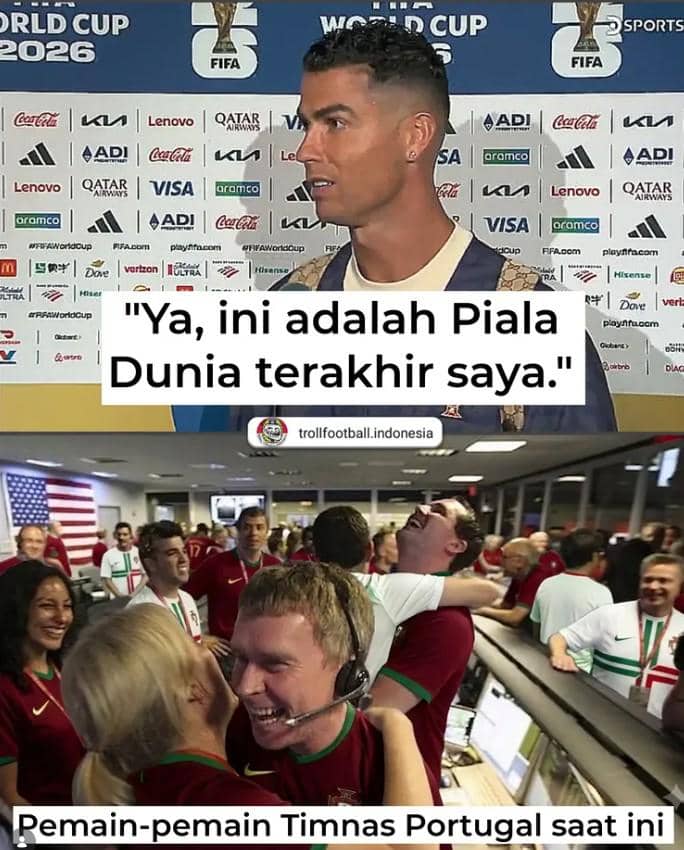 Seorang pemain Portugal diwawancarai di area media Piala Dunia 2026 dan sekelompok orang berseragam Portugal tertawa serta berpelukan di ruangan kerja.