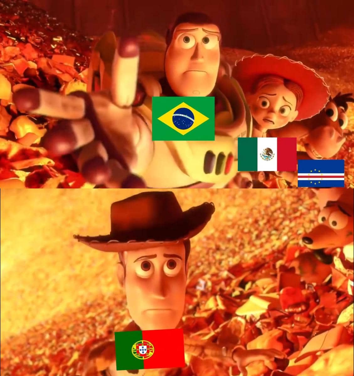 Meme karakter animasi Toy Story dengan bendera Portugal, Brasil, Meksiko, dan Tanjung Verde menggambarkan reaksi setelah kekalahan Portugal dari Spanyol.
