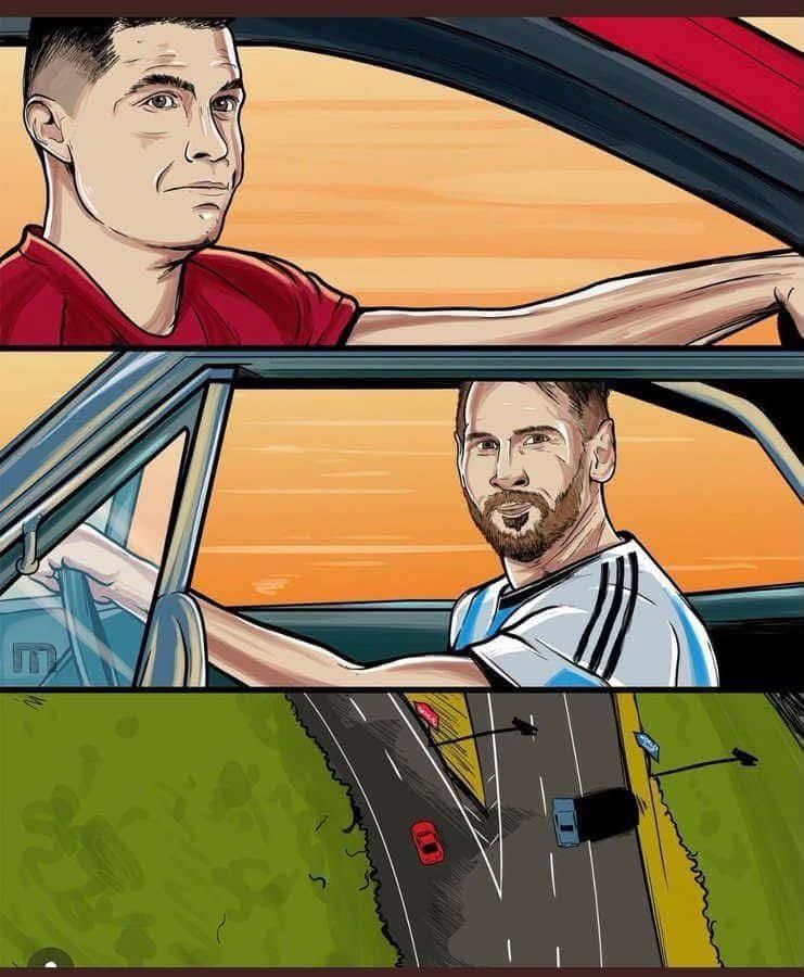 Ilustrasi dua pengemudi mobil yang berpisah di jalan bercabang, menggambarkan momen perpisahan dengan latar senja.