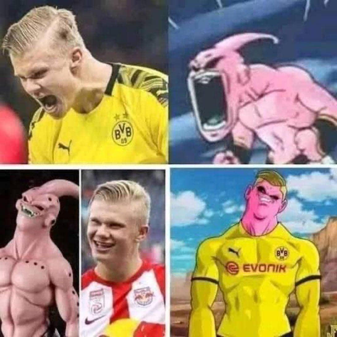 Kolase meme pemain sepak bola dengan karakter anime Majin Buu, menampilkan ekspresi dan pose serupa dalam berbagai adegan.