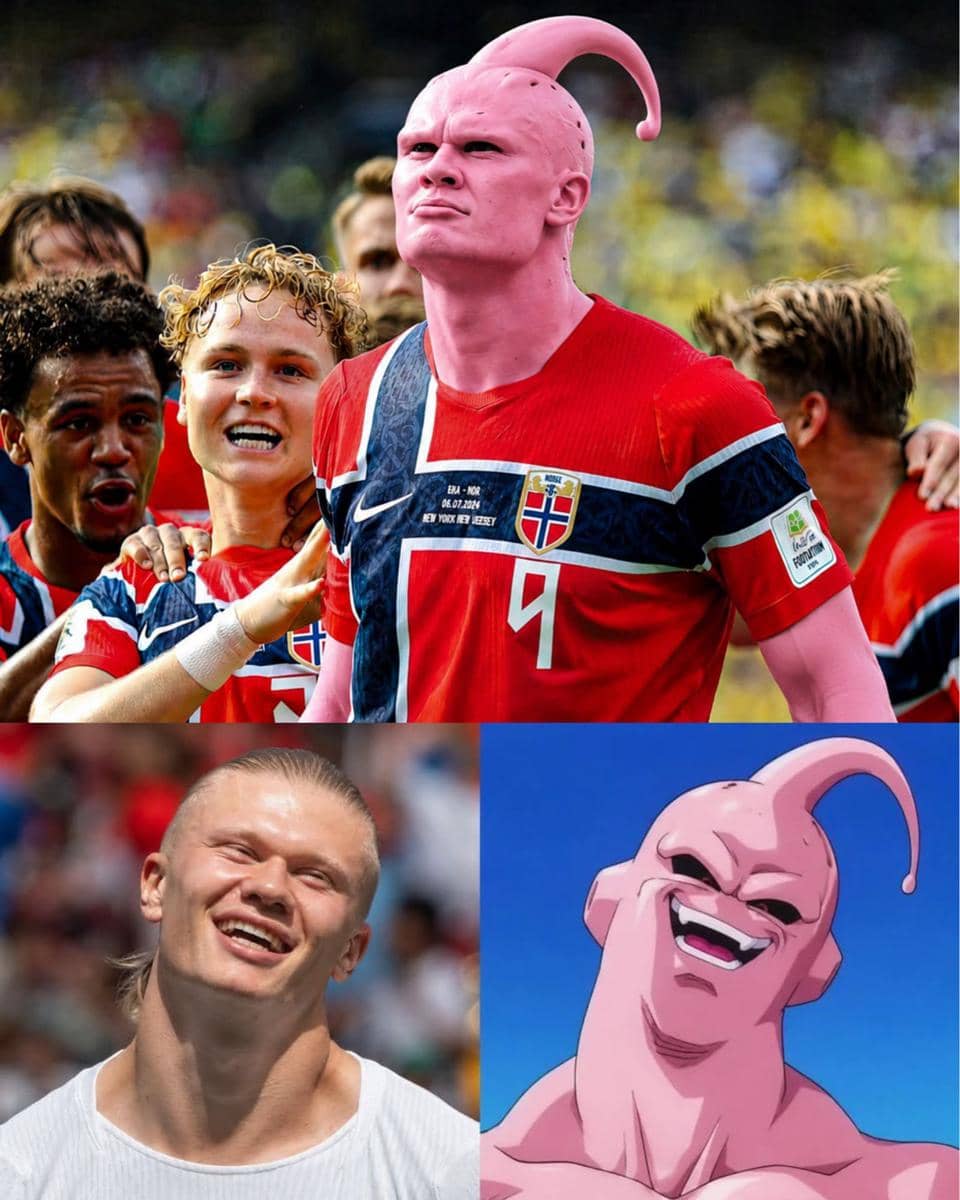 Kolase meme pemain sepak bola Norwegia dengan wajah berwarna pink menyerupai karakter Majin Buu dari anime Dragon Ball.
