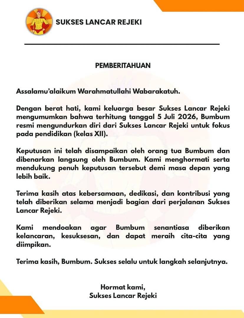 Surat pemberitahuan resmi dari grup musik Sukses Lancar Rejeki yang mengumumkan pengunduran diri anggota bernama Bumbum untuk fokus pada pendidikan.