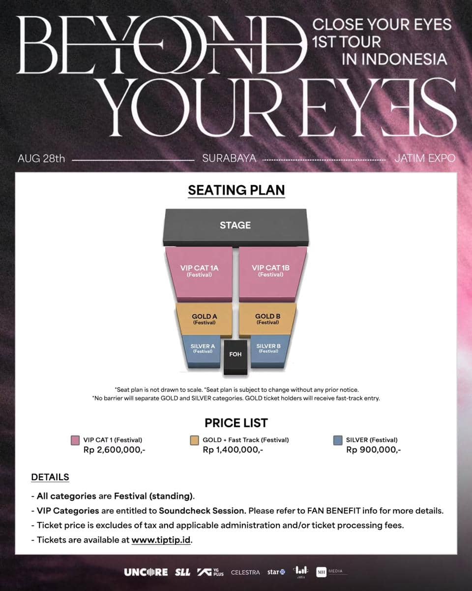 Poster konser Close Your Eyes 1st Tour in Indonesia di Surabaya menampilkan denah tempat duduk dan daftar harga tiket di Jatim Expo.