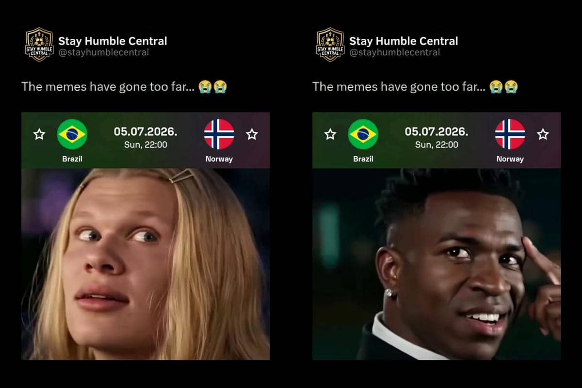 Meme lucu membandingkan dua pemain sepak bola dengan bendera Brasil dan Norwegia serta jadwal pertandingan pada 5 Juli 2026.