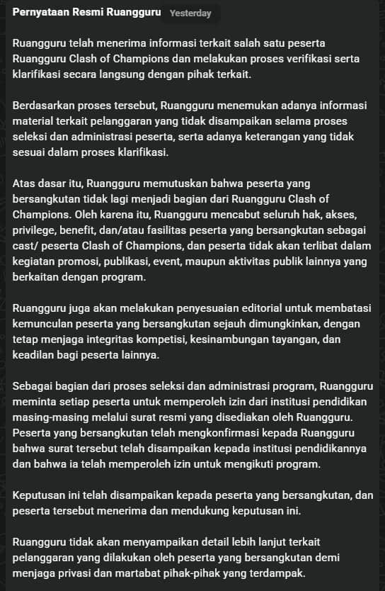 Tangkapan layar pernyataan resmi Ruangguru di Channel WhatsApp Clash of Champions yang menjelaskan keputusan terhadap salah satu peserta program.