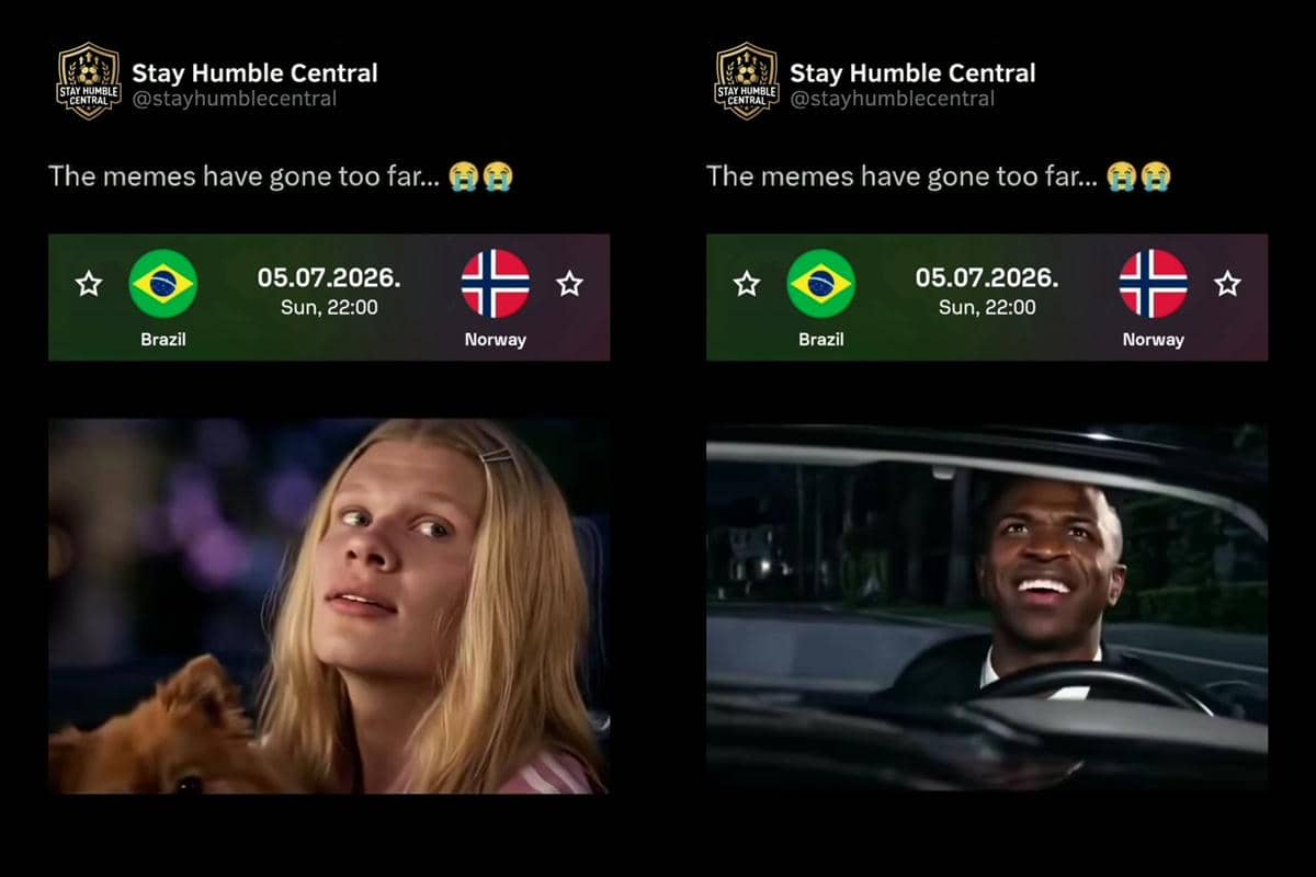 Meme lucu membandingkan pertandingan Brasil vs Norwegia dengan adegan film, menampilkan dua karakter dengan ekspresi berbeda.