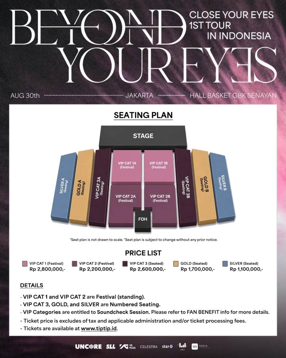 Poster konser Close Your Eyes 1st Tour in Indonesia di Jakarta menampilkan denah tempat duduk, kategori tiket, dan daftar harga tiket.