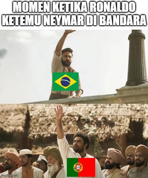 Meme lucu menampilkan dua pria melambaikan tangan, satu dengan bendera Brasil dan satu dengan bendera Portugal, menggambarkan pertemuan Ronaldo dan Neymar di bandara.
