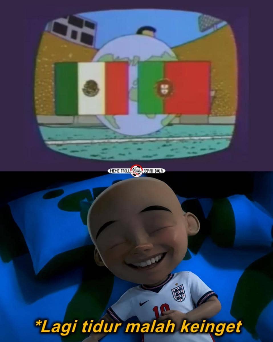 Meme sepak bola menampilkan bendera Meksiko dan Portugal di layar televisi serta karakter animasi tersenyum mengenakan jersey Inggris.