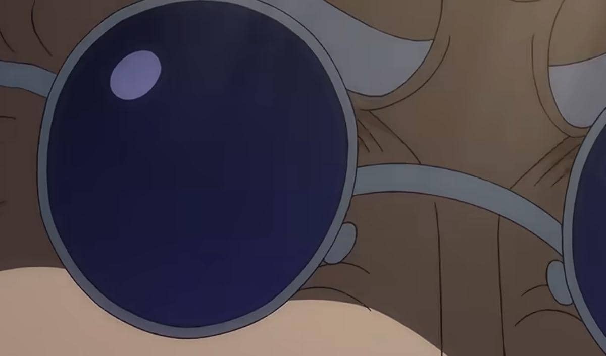 Tampilan close-up wajah karakter anime Gaban dari serial One Piece dengan kacamata hitam besar menutupi matanya.