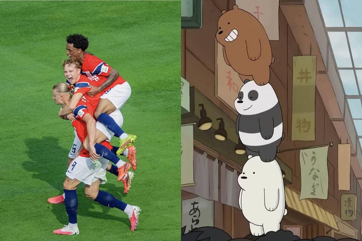Tiga pemain sepak bola merayakan gol dengan saling menaiki punggung di lapangan, disandingkan dengan gambar tiga beruang kartun bertumpuk.