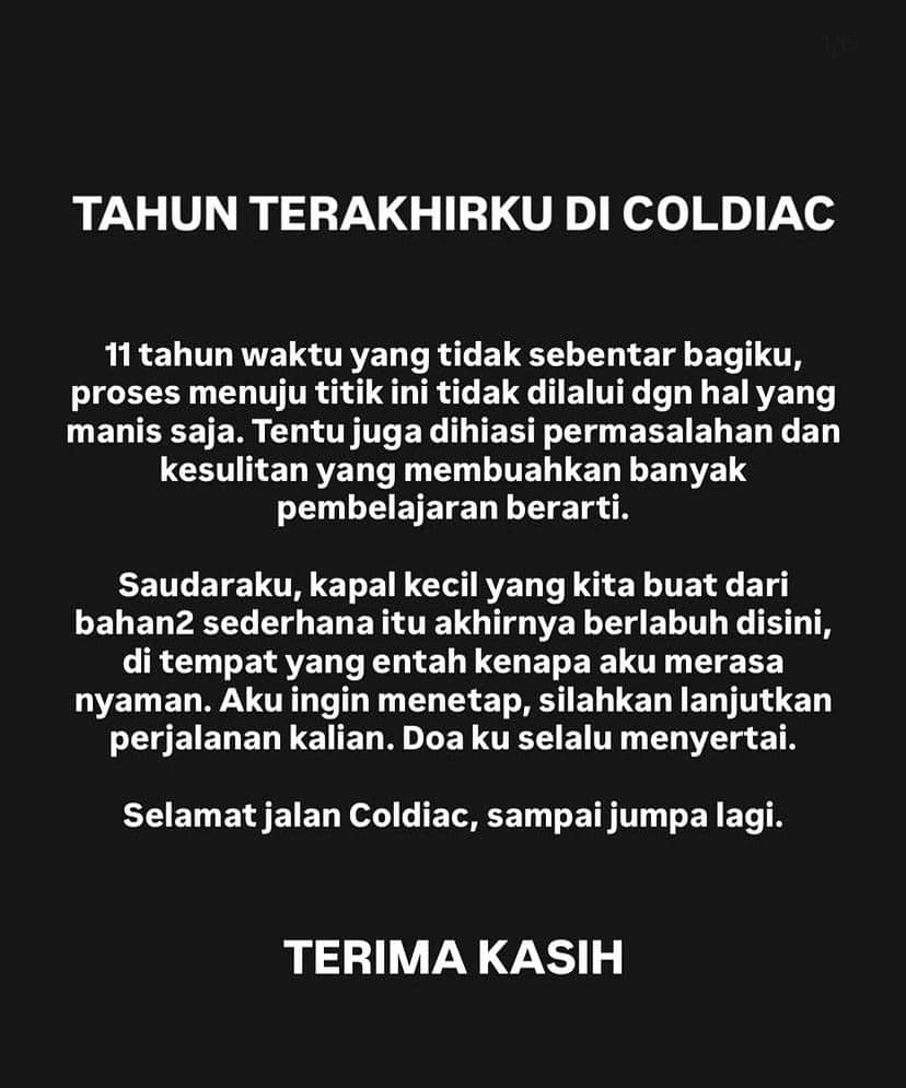 Teks pernyataan Bhima Bagaskara berjudul 'Tahun Terakhirku di Coldiac' yang berisi pesan perpisahan dan ucapan terima kasih.