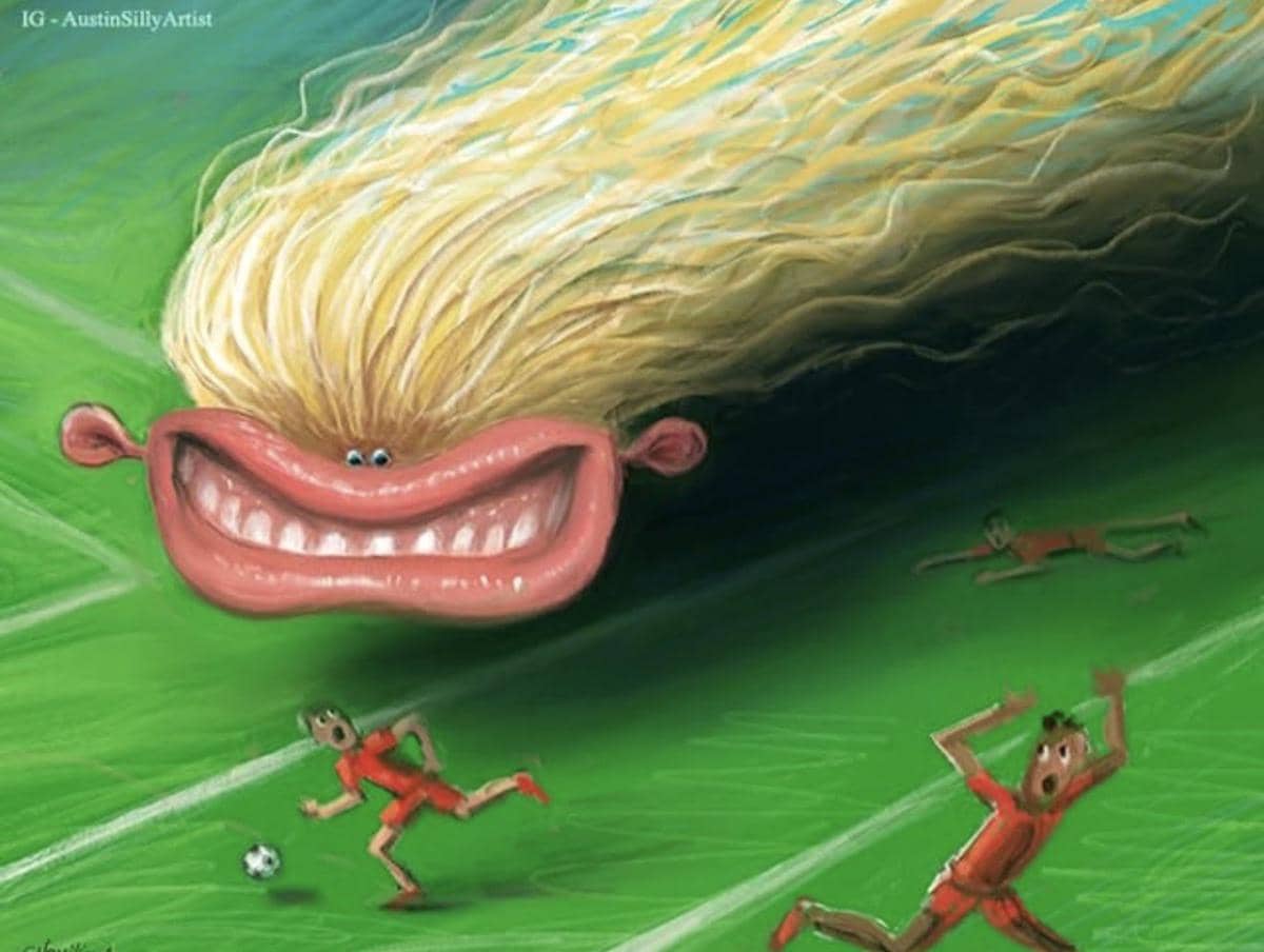 Ilustrasi lucu pemain sepak bola berambut pirang besar dengan ekspresi gembira mengejar bola di lapangan hijau bersama pemain lain.