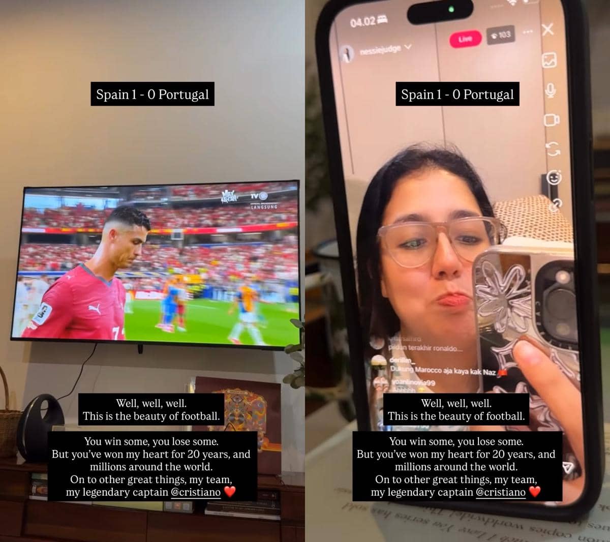 Layar televisi menampilkan Cristiano Ronaldo berjalan usai kekalahan Portugal dari Spanyol, sementara seorang wanita bereaksi melalui siaran langsung di ponsel.