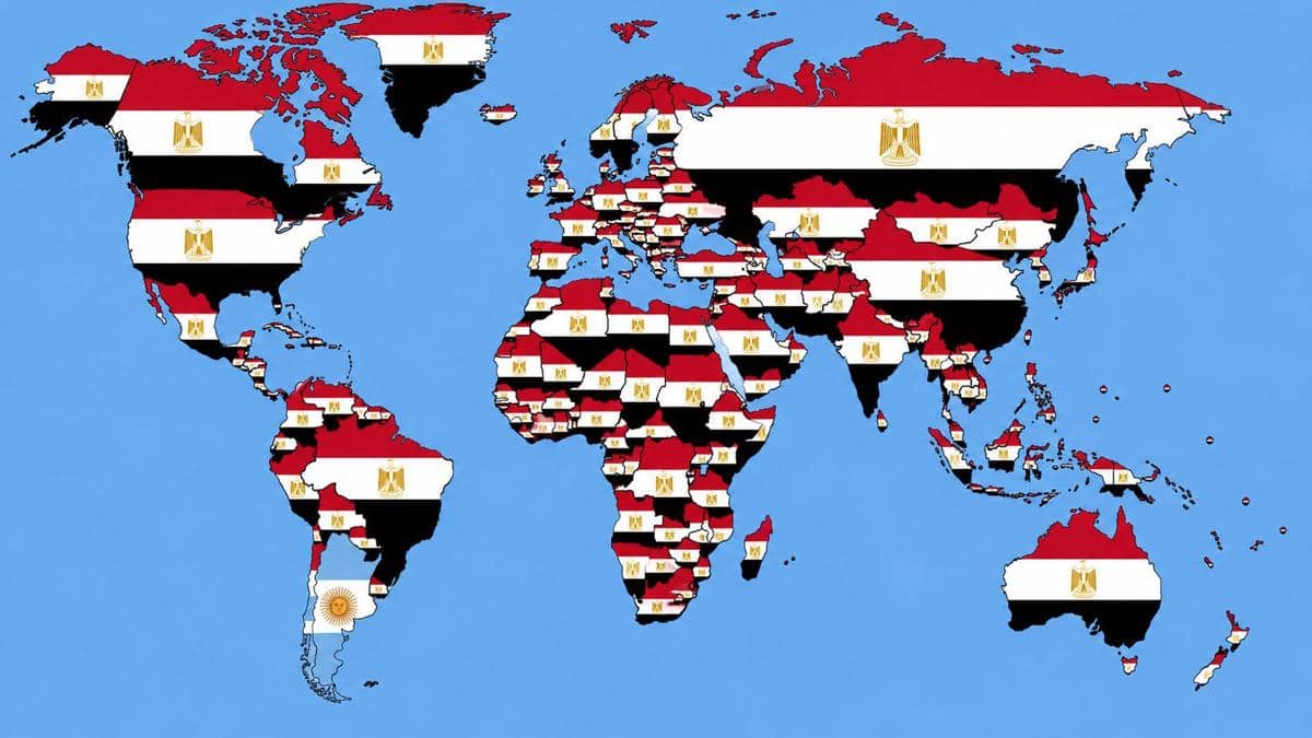 Peta dunia dengan seluruh negara berwarna bendera Mesir, kecuali Argentina yang menampilkan bendera Argentina di wilayahnya.