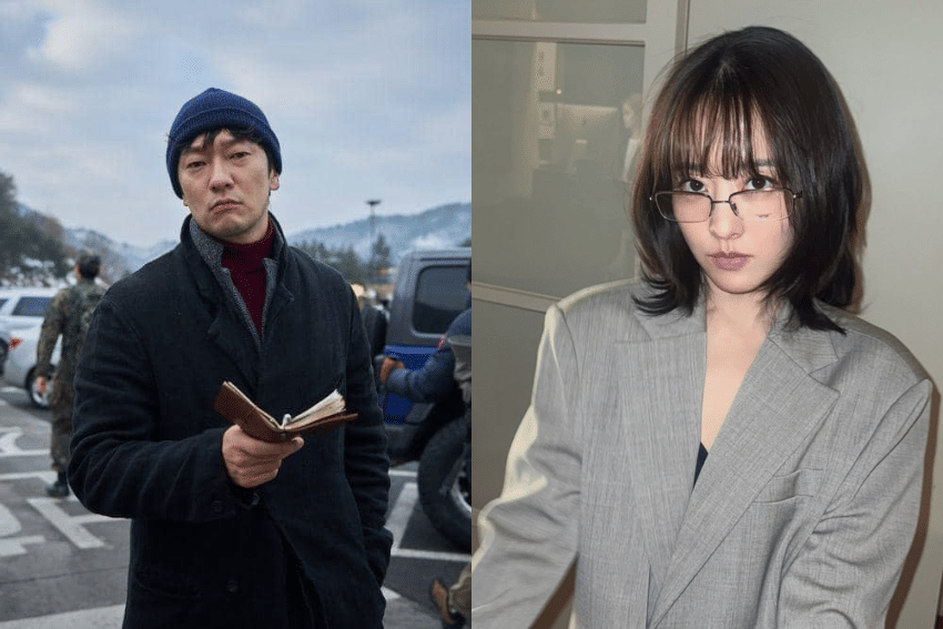 Dua aktor Korea mengenakan pakaian musim dingin dan jas abu-abu, satu memegang buku catatan di luar ruangan bersalju, satu di dalam ruangan dengan kacamata.