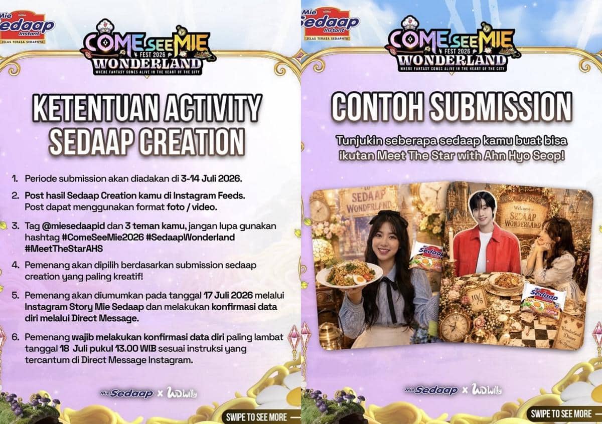 Poster promosi acara Come See Mie Fest 2026 bertema Wonderland dari Mie Sedaap dengan informasi lomba Sedaap Creation dan contoh submission untuk Meet The Star with Ahn Hyo Seop.
