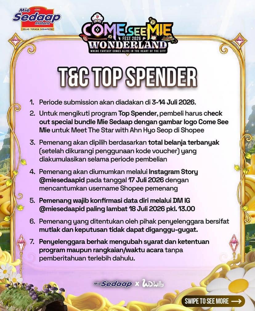 Poster promosi Mie Sedaap Come See Mie Fest 2026 Wonderland berisi syarat dan ketentuan program Top Spender untuk Meet The Star with Ahn Hyo Seop di Bandung.
