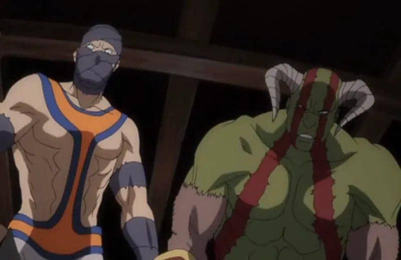 Dua karakter anime berdiri berdampingan, satu mengenakan pakaian ketat dengan topeng dan yang lain berkulit hijau dengan tanduk besar.