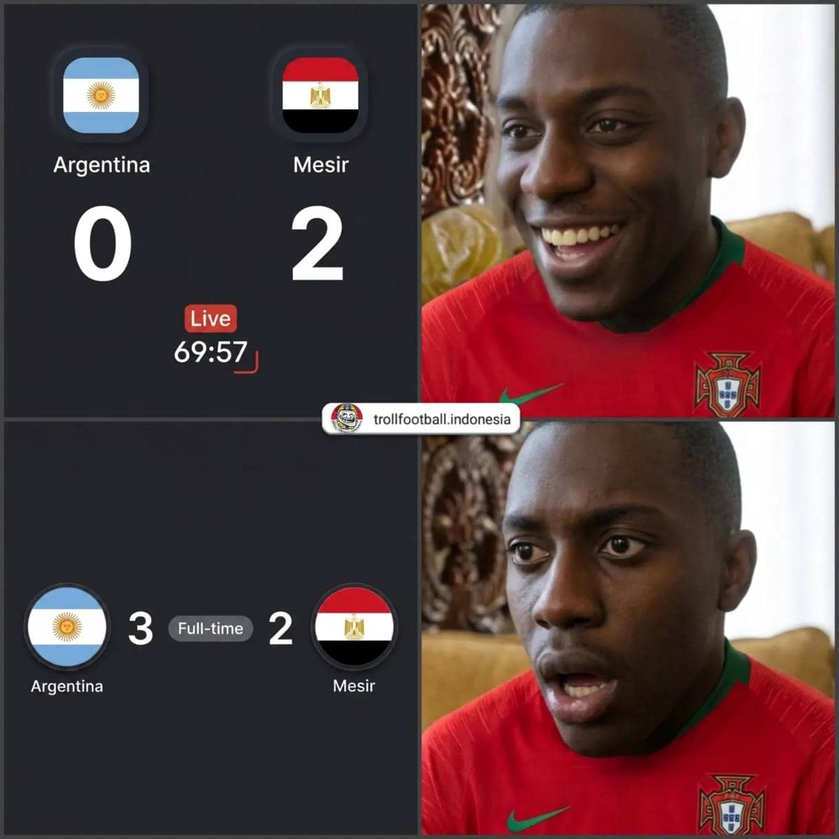 Ekspresi pria dengan jersey Portugal berubah dari senang menjadi terkejut saat skor Argentina berbalik unggul 3-2 atas Mesir.