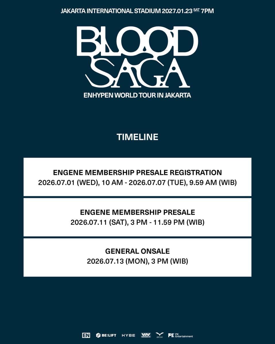 Poster jadwal konser ENHYPEN BLOOD SAGA di Jakarta menampilkan tanggal konser, jadwal pra-penjualan tiket, dan waktu penjualan umum.