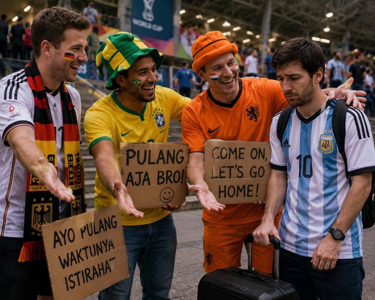 Beberapa suporter dengan kostum tim nasional Jerman, Brasil, dan Belanda bercanda dengan seorang suporter Argentina yang tampak sedih sambil membawa koper.