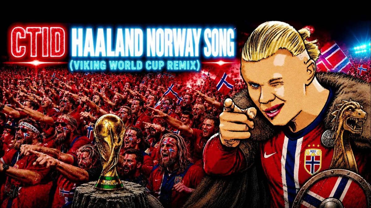 Ilustrasi bergaya komik pemain sepak bola Norwegia mengenakan jubah Viking dengan latar belakang suporter dan trofi Piala Dunia.