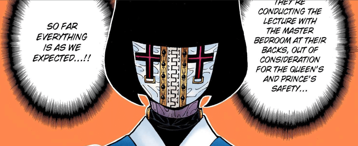 Boneka Silent Majority dari seri Hunter x Hunter dengan wajah bermasker logam dan latar belakang oranye.