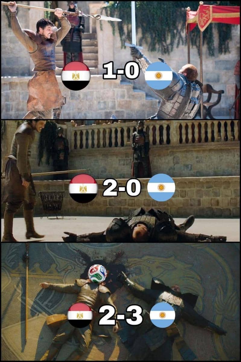 Meme pertandingan Argentina melawan Mesir menampilkan adegan duel dari serial fantasi dengan skor berubah dari 1-0 hingga 2-3.