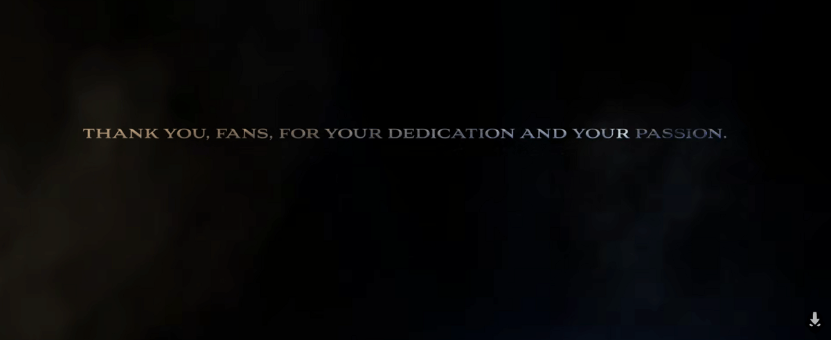 Teks ucapan terima kasih kepada para penggemar dengan latar gelap dari Paramount dan Avatar Studios untuk Avatar Aang: The Last Airbender.